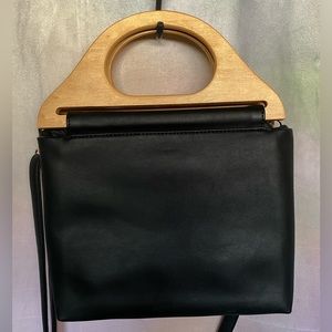 Wooden Handle Faux Leather Crossbody Handbag